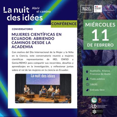 Event poster for a public talk titled ‘Women Scientists in Ecuador: Opening Pathways from Academia,’ held on Wednesday, 11 February at 18:30 at the Alliance Française of Quito
