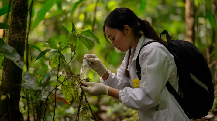 Woman scientist gathering samples in the forest