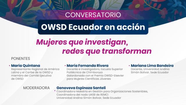 Illustrated poster for OWSD Ecuador’s dialogue event “Women Who Research, Networks That Transform”, featuring five women and event details including date, venue, speakers, and online participation via Zoom.