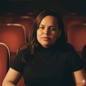 "Art Cinema joying AI" pic of & by Julia Herrera using AI  Portrait of Julia Herrera in a movie theater created using the AI Google Gemini.